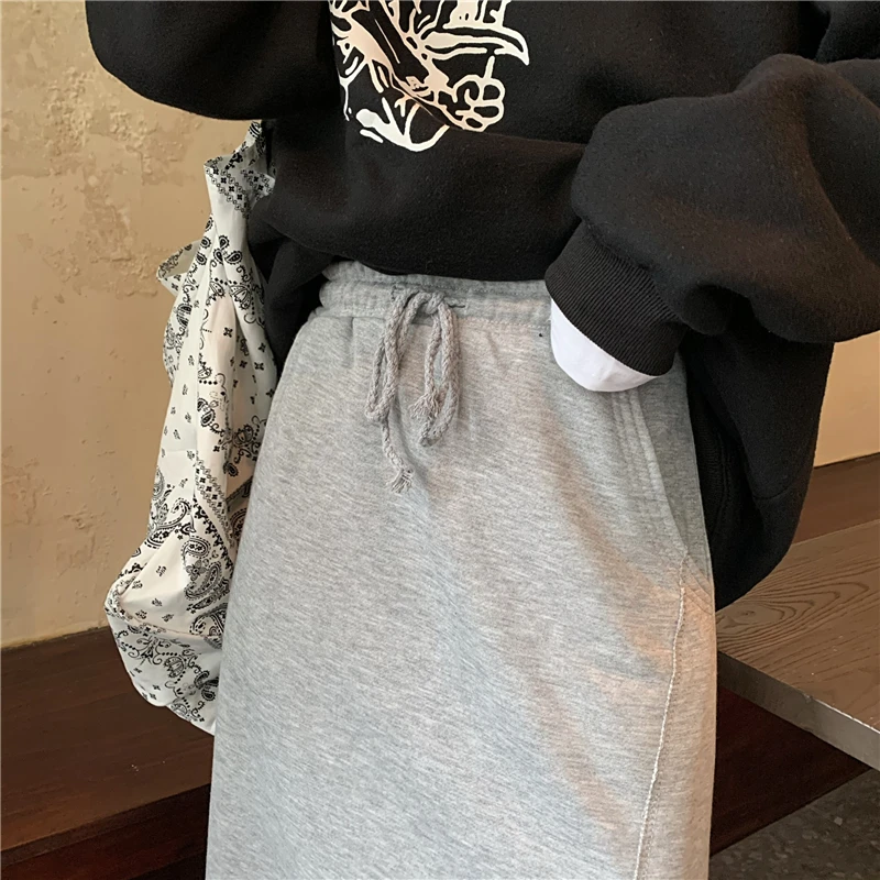 

ICHOIX 2020 Winter Women Korean Style Long Skirts Black Gray Skirt High Waist Skirt Drawstring Elastic A-Line Irregular Skirt