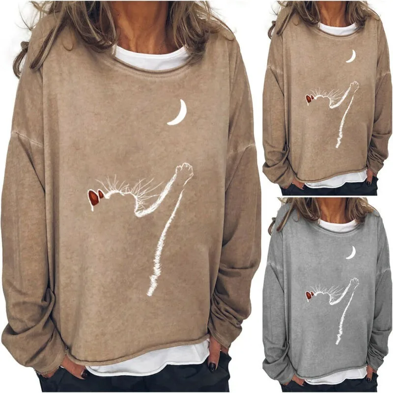 

Women Cat Print Long Sleeve Sweatshirt Ladies Casual Loose Pullover Shirts Tops
