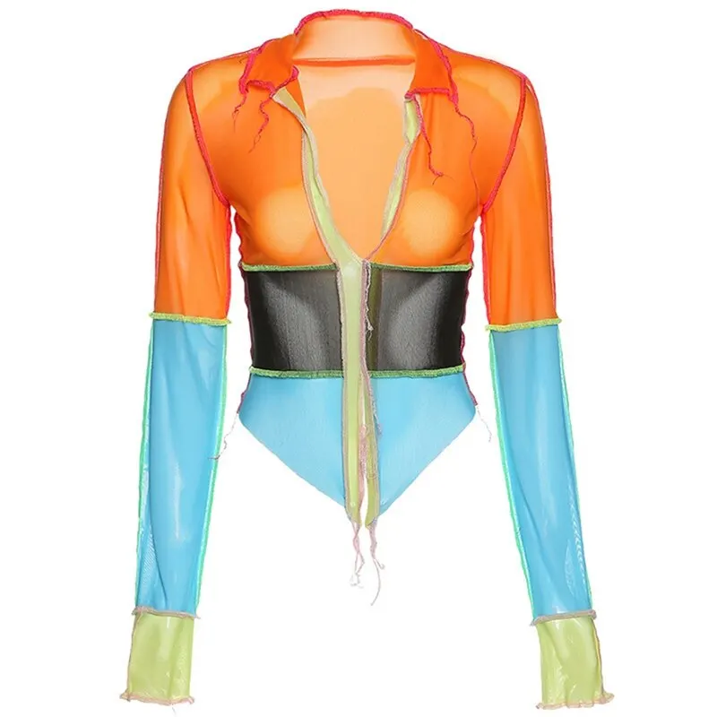 

New Sexy Women Streetwear Autumn Winter Female V Neck Colorblock Mesh Perspective Long Sleeve Slim Short T-shirt Short Top