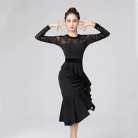 black latin dance dress long sleeve sexy mesh one piece dress for women professional ballroom tango rumba performance costumes