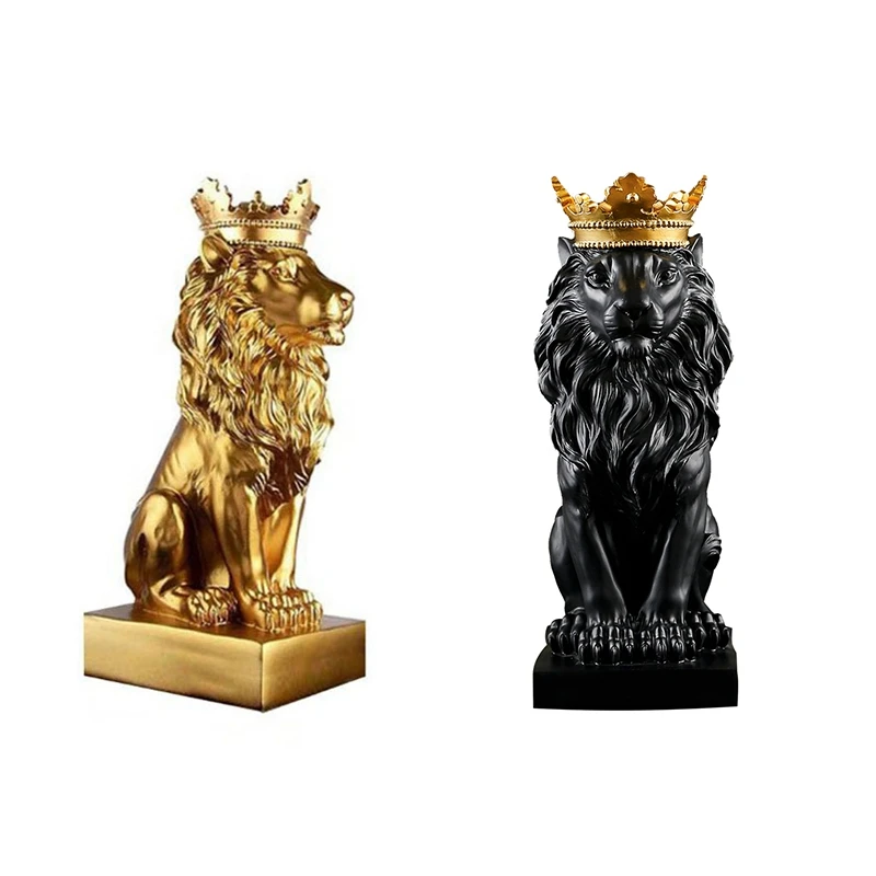

2 Pcs Crown Lion Statue Home Office Bar Male Lion Faith Resin Sculpture Crafts Animal Art Decor Ornaments, Gold & Black 2021 New