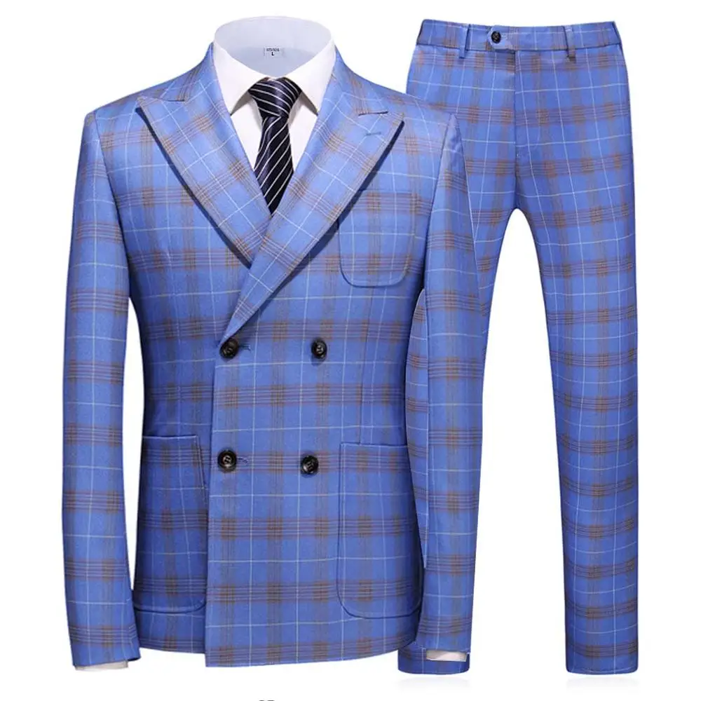 

Men's Suit Double Breasted Plaid Tuxedos For Men Blue Slim Fit Classic Design / Tailcoat Groomsmen 3 Piecesï¼ˆBlazer+vest+Pantsï¼‰