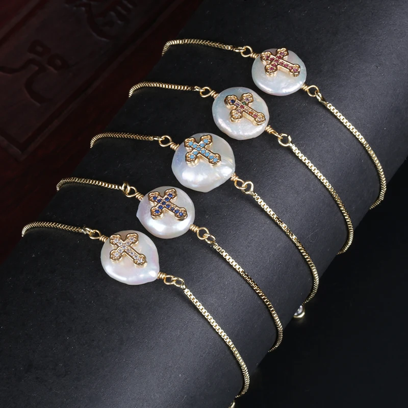 deep navy blue cz tiny cross religious charms freshwater pearl bead dainty gold link bracelet for women wedding birthday gift | Украшения и