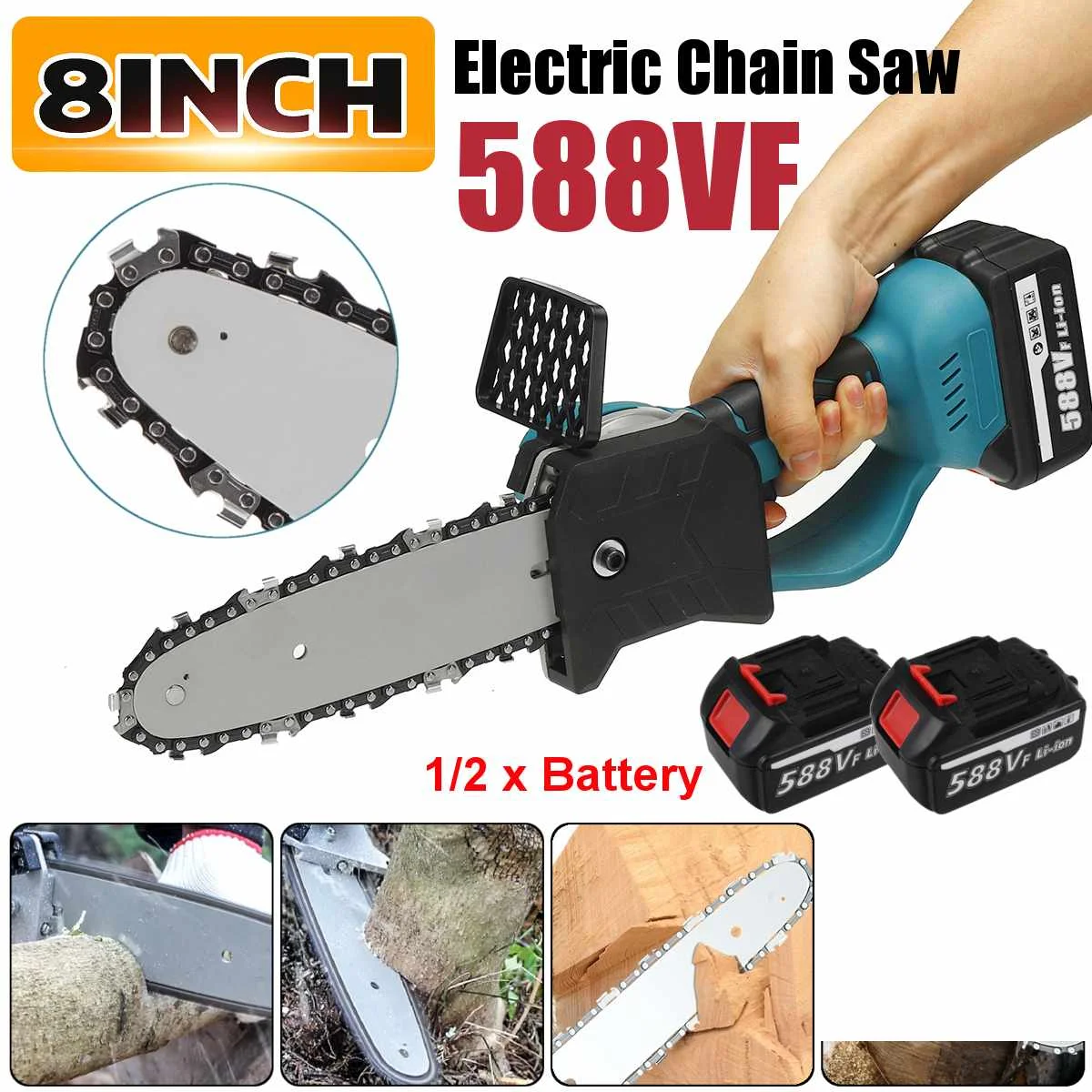 

NEW 3000W 8 Inch Rechargeable Cordless Electric Saw Chainsaw Brushless Motor Woodworking Cutter Tool With 1/2X 22980mAh Battery