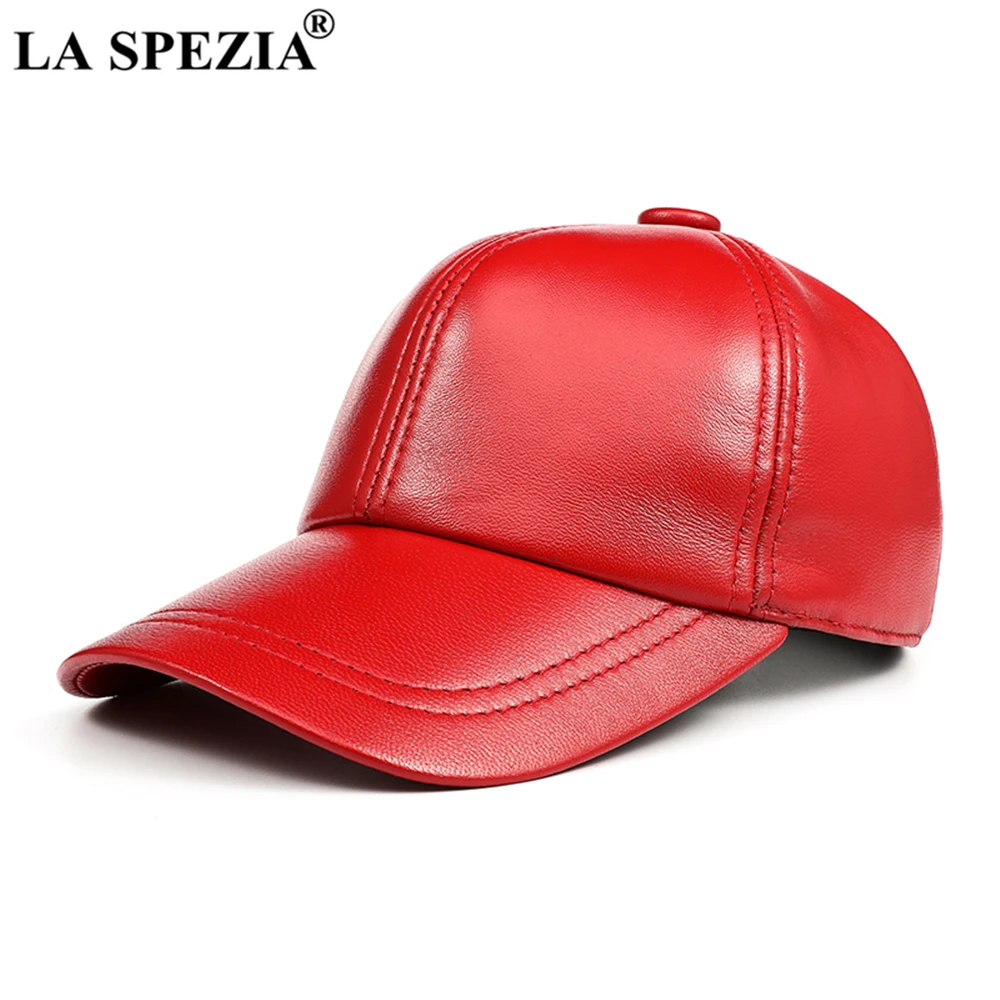 

LA SPEZIA Baseball Cap Genuine Leather Solid Red Caps for Men Women Real Sheepskin Adjustable Unisex Spring Autumn Dad Hats