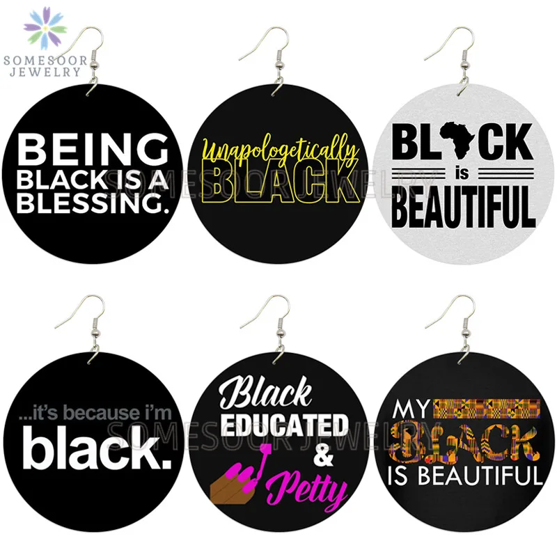 SOMESOOR Black Educated Petty Blessing African Wooden Drop Earrings Afro Power Sayings Both Printed Wood Jewelry For Women Gifts