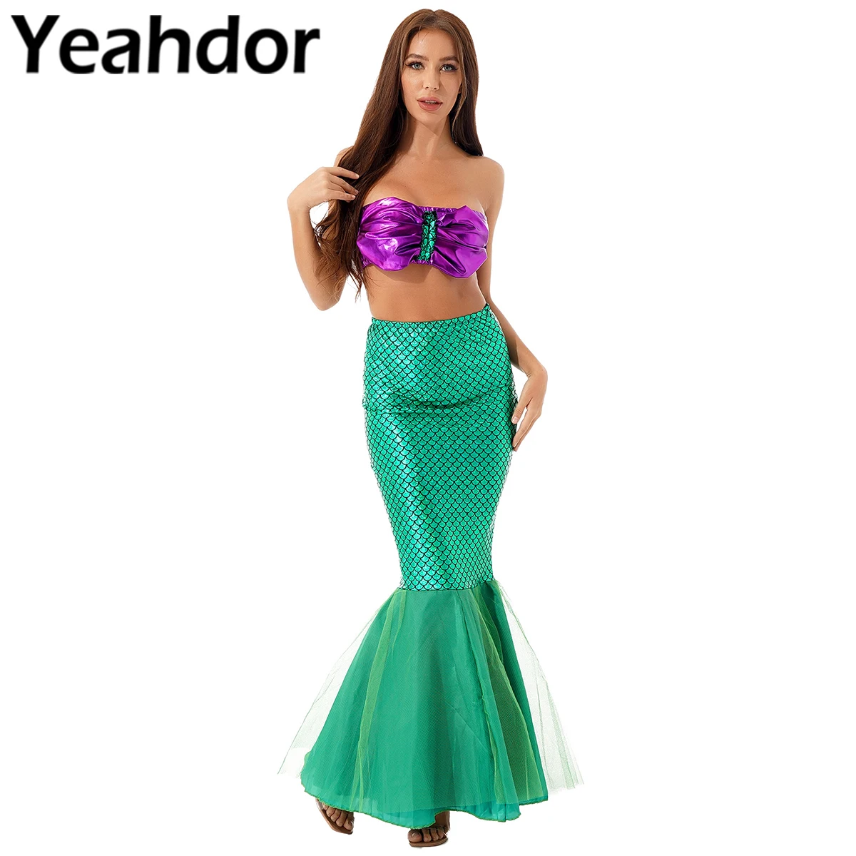 

Женский блестящий костюм для ролевых игр, комплект из двух предметов, короткий Топ без бретелек с подкладкой и юбка с принтом в виде рыбьей ч...