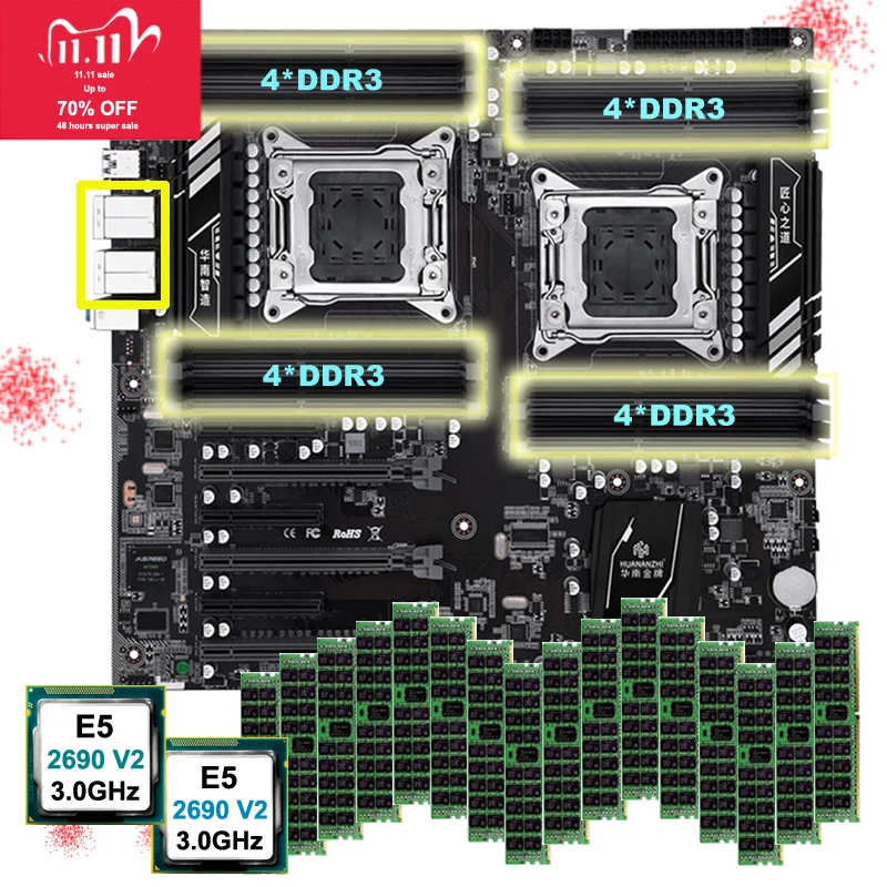 HUANANZHI-placa base X79-16D de doble enchufe con puerto de vídeo VGA, 2 procesadores, Intel Xeon E5 2690 V2, gran marca de RAM, 256G(16x16G), RECC
