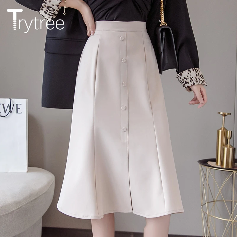 Trytree осень зима женская повседневная юбка сплошной Полиэстер высокая талия