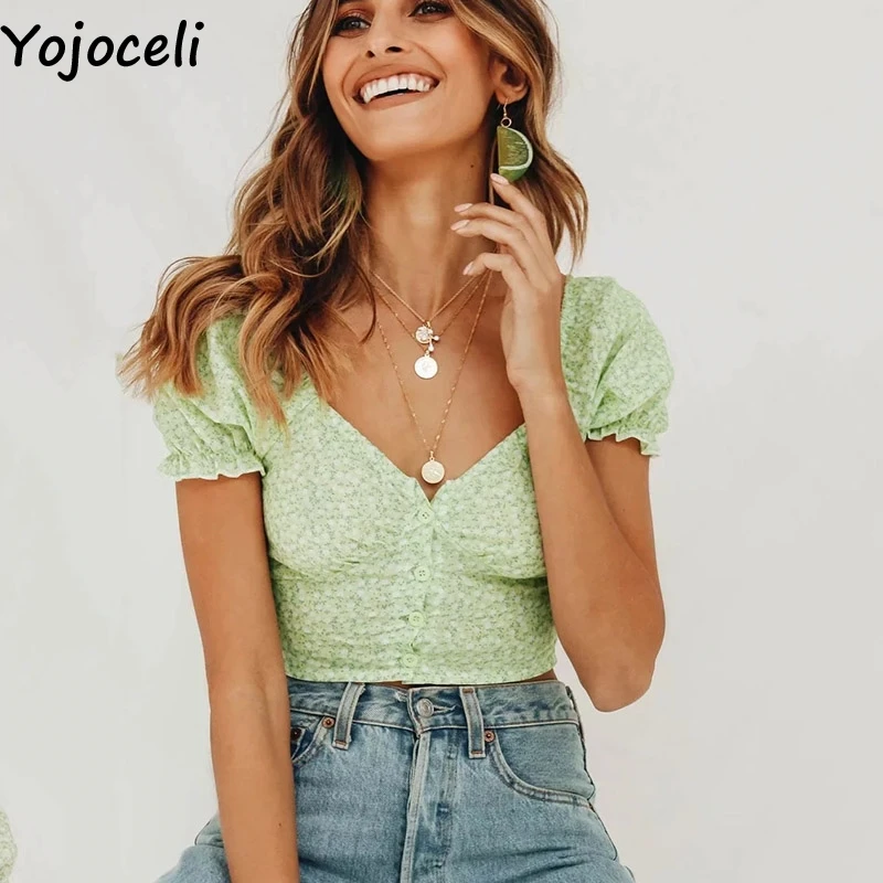 Женская короткая блузка Yojoceli элегантная повседневная с принтом на пуговицах