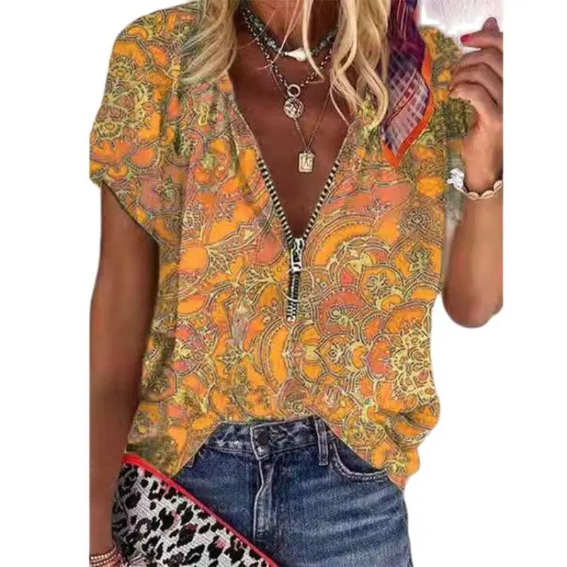 

Plus Size S-5XL Print Zipper T-shirt Tees Women Casual Summer Loose Short-Sleeve T Shirt Fashion Female Clothing Streetwear Tops