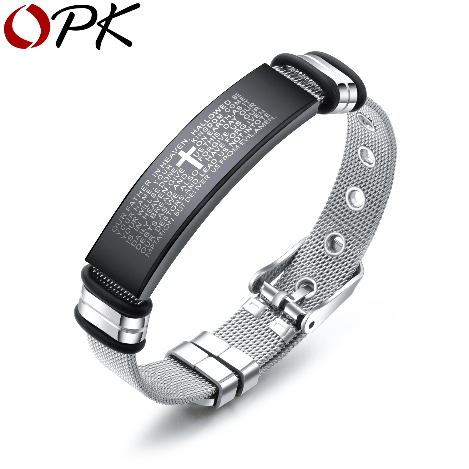 

OPK Trendy Steel Mesh Biblical Cross Titanium Steel Bracelet For Men 21 CM Black Color Watch Band Strap Charm Bracelet GS918