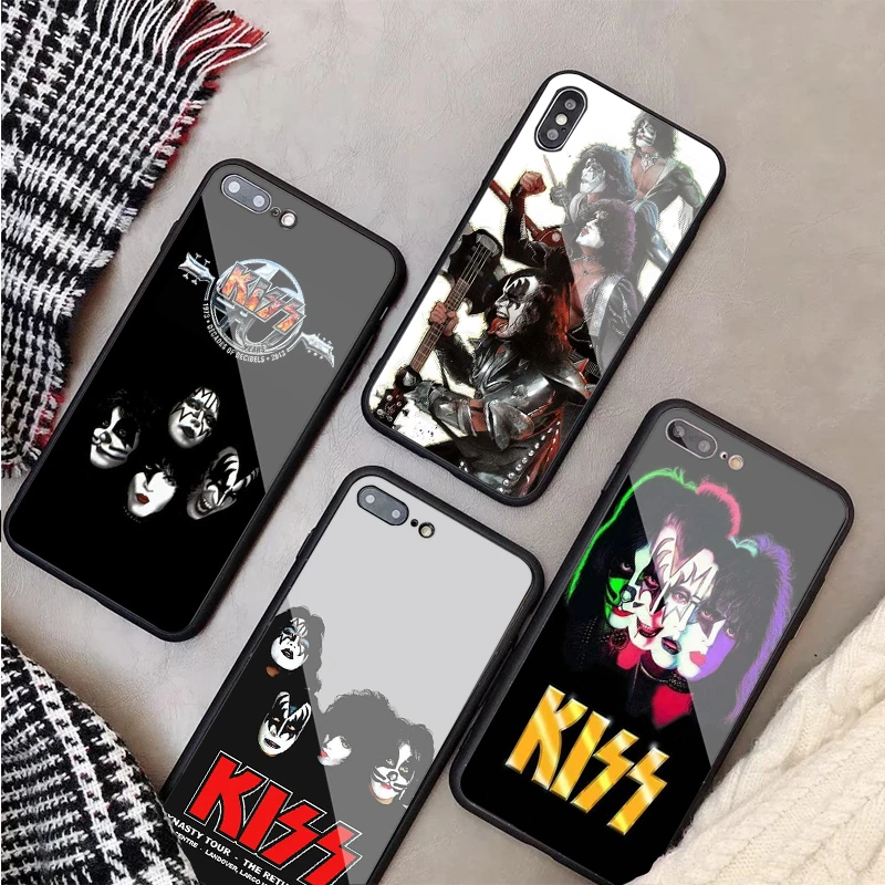 Роскошный чехол из закаленного стекла для iPhone 11 Pro Max X XS MAX 8 7 6 5 Plus Kiss Band задняя