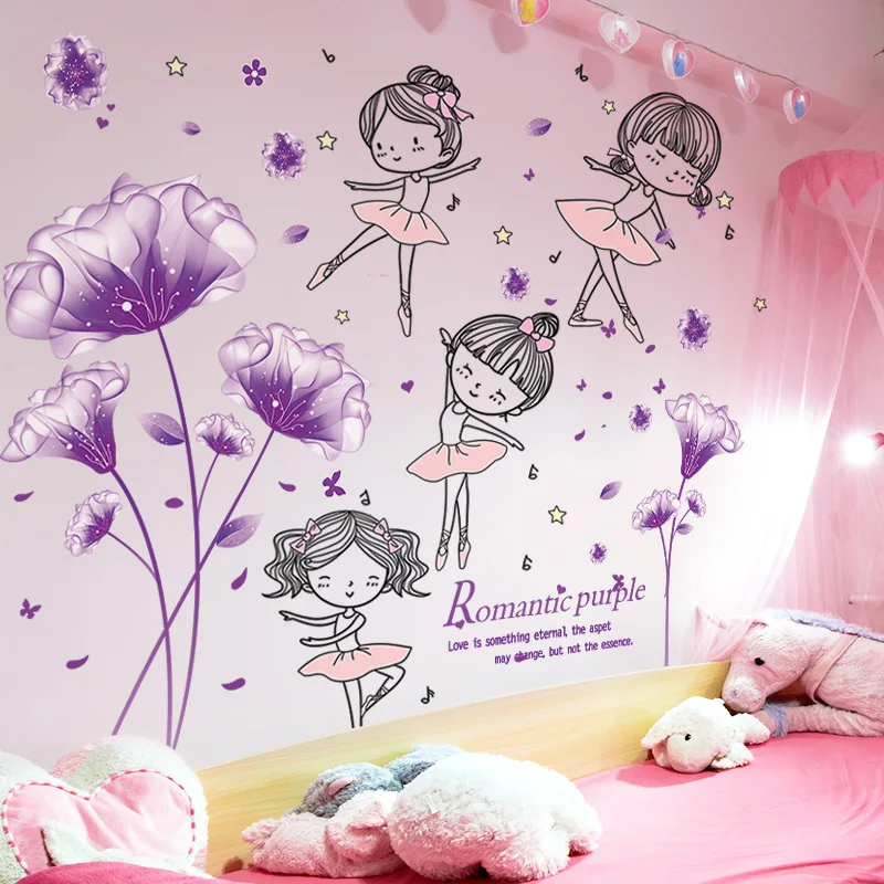 

[SHIJUEHEZI] Purple Flowers Wall Stickers Vinyl DIY Cartoon Girl Dancer Wall Decals for Kids Bedroom Home Decoration Accessories