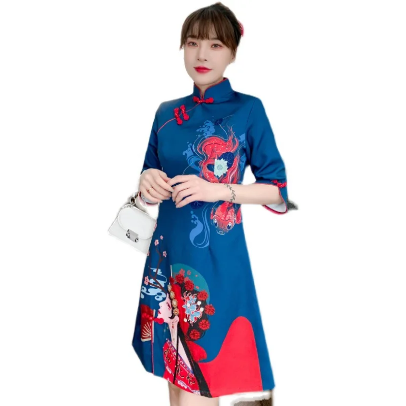 

Guofeng Peking Opera Huadan Printed Slim Fit Dress Summer New Daily Improvement Young Cheongsam