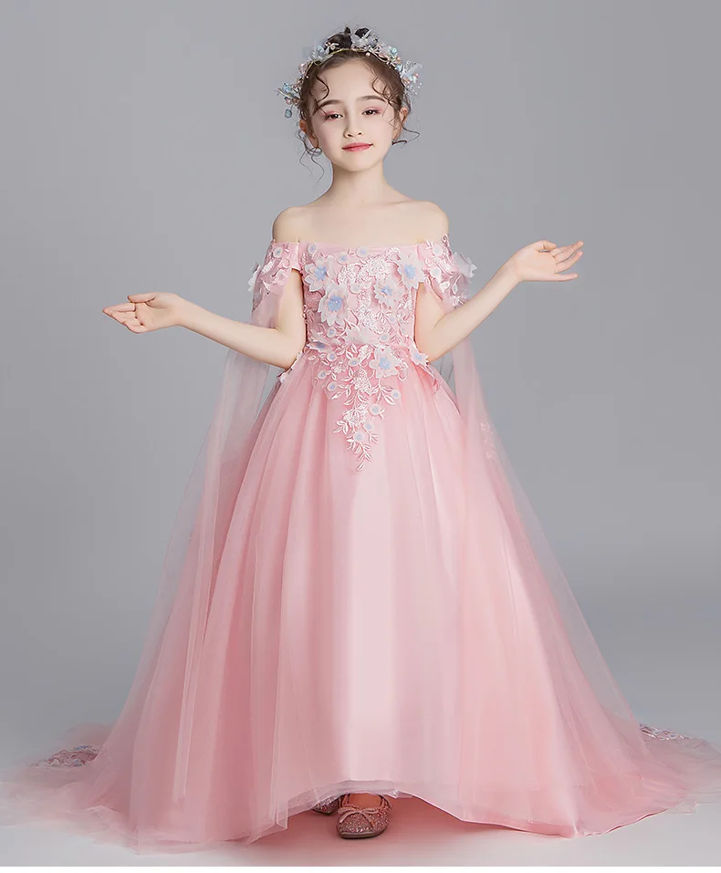 

Pink Lace Girl Bridesmaid Dress Flower Embroidery Long Trailing Tutu Evening Princess Wedding Party Dress Children Formal Dress