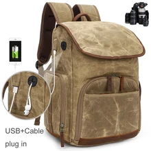 Photo Waterproof Retro Batik Canvas Camera Shoulders Backpack w USB & Earphone Plug in f 15.4inch Laptop Tripod Travel DSLR Bag