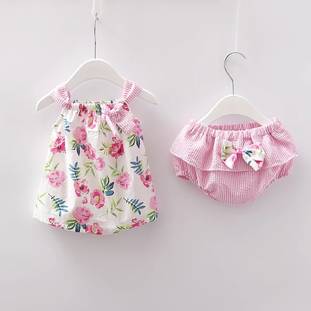 Новое летнее платье без рукавов для новорожденных девочек + трусы комплект