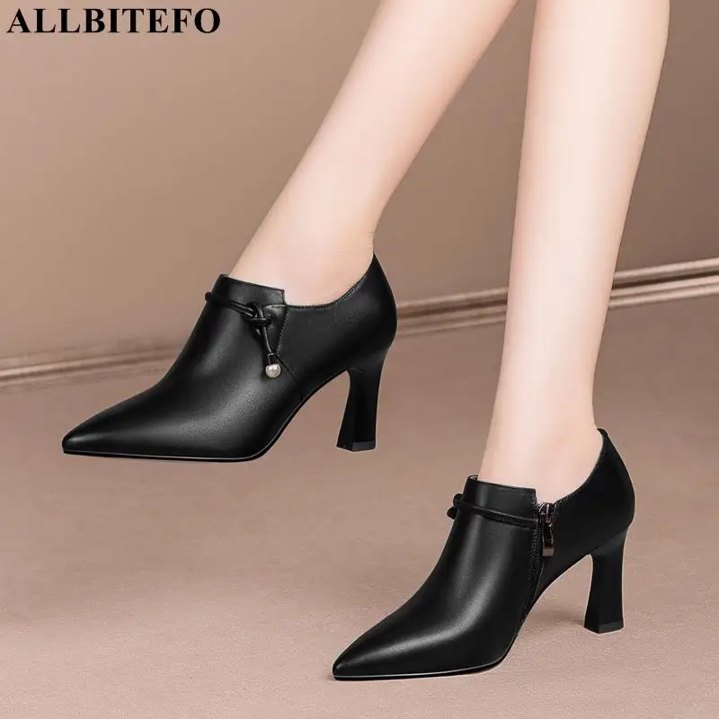 

ALLBITEFO Size 33-43 Pointed Toe Comfortable Genuine Leather High Heel Shoes Autumn Spring Simple Fashion Women Heels Shoes