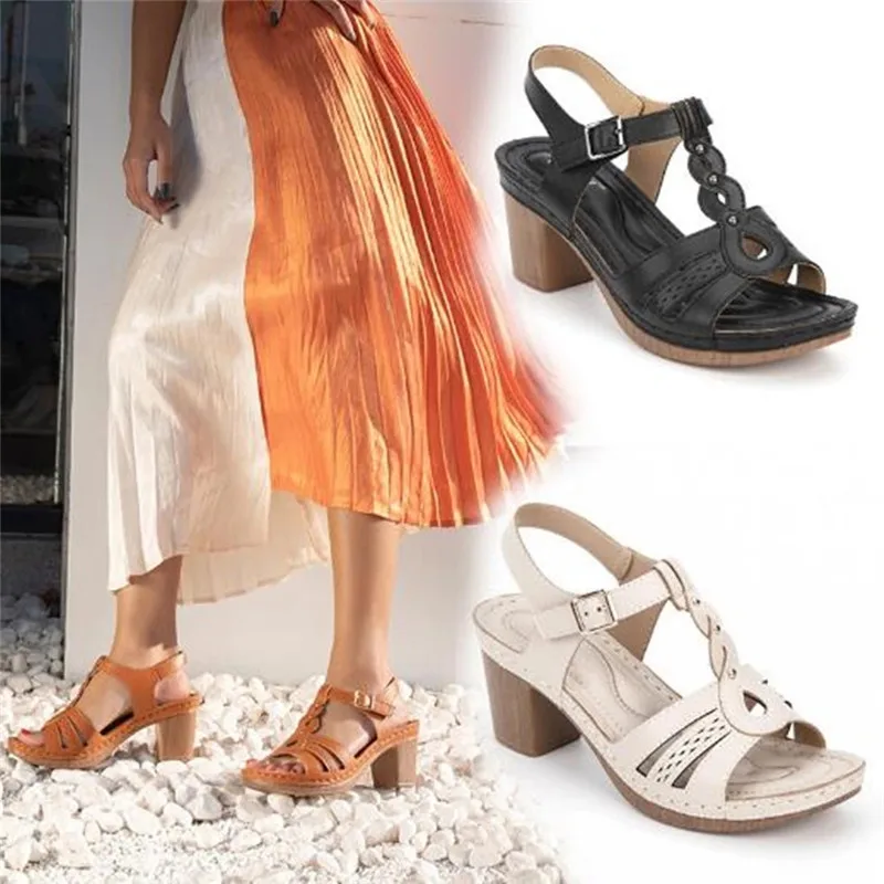 

CEYANEAO New Ladies SandalsEuropean and American Sandals Women Metal Buckle Stitching Sandals Thick high-heeled Summer Sandals