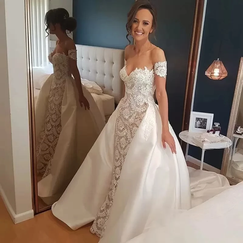 

2022 Mermaid Lace Wedding Gown Lllusion Neck Short Sleeves Generous Bride Dresses Lace-Up Floor Length Elegant Dress for Women