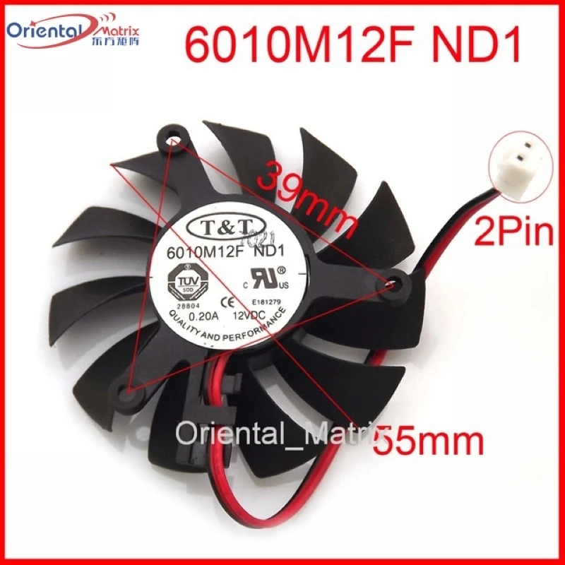 

Free Shipping New 6010M12F ND1 12V 0.20A 55mm 39*39*39mm Graphics / Video Card VGA Cooler Fan 2Wire 2Pin