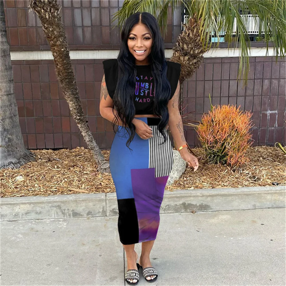

RStylish 2021 New Summer Fashion Women Letter Print Shoulder Pads Crop Top Color Block Skirt Streetwear 2 Piece Set