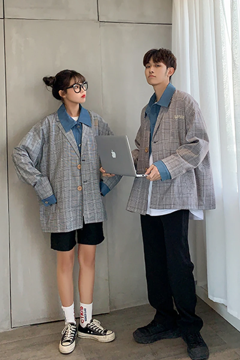 

2020 Spring And Autumn New Youth Popular Couple Loose Version Houndstooth Fake Two Suit Fashion Casual Wild Top S-XL