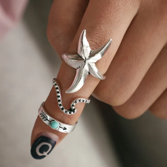 3pcs/Set Vintage Antique Silver Starfish Wave Arrow Knuckle Finger Midi Rings Set for Women Bohemia Ring Jewelry | Украшения и