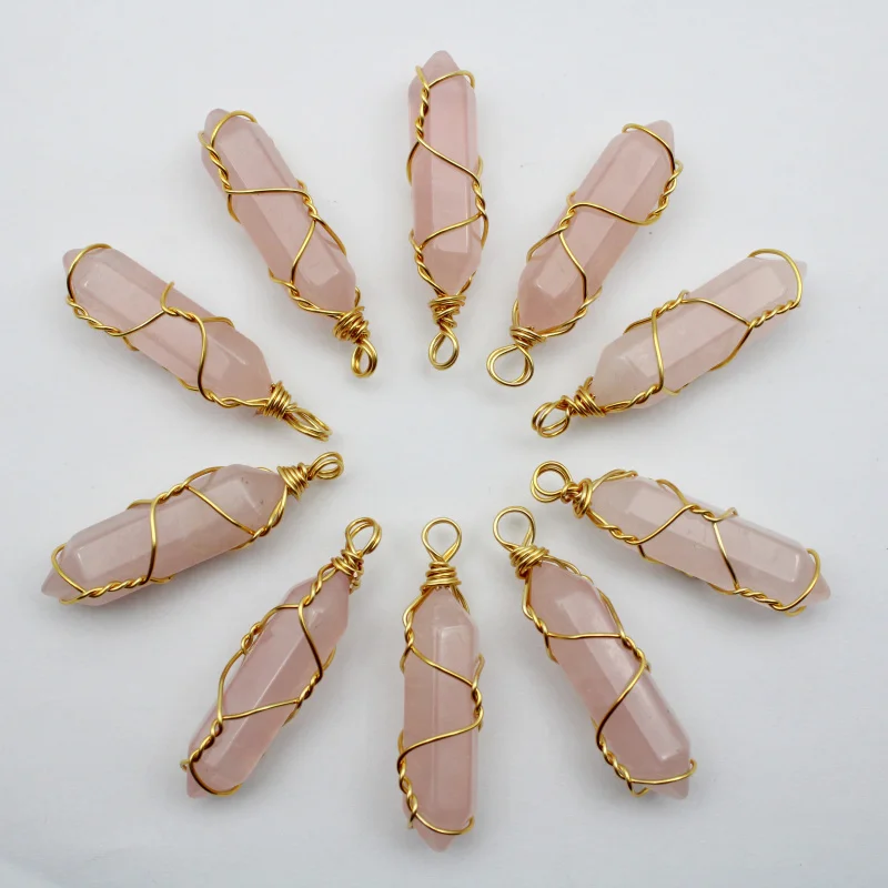 

12pcs Natural Stone Rose Quartz Hexagonal Column Pillar Pendant Handmade Iron Wire Pendants for Jewelry Making Pendulum Chakra