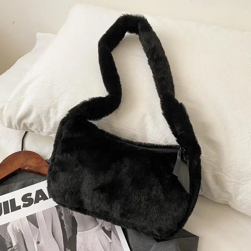 

Simple Design Women Soft Plush Hobos Shoulder Bags Winter Furry Ladies Clutch Purse Handbag Fashion Female Baguette Underarm Bag