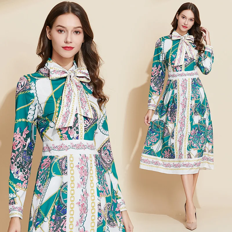 

2020 Spring Designer Fashion Runway Dress Women Long Sleeve Print Lace Up Bow Vintage Elegant Lady Shirt Dresses Luxury Dress
