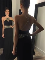 sexy halter a line long black chiffon evening dress with pockets floor length criss cross beaded formal party dress for women