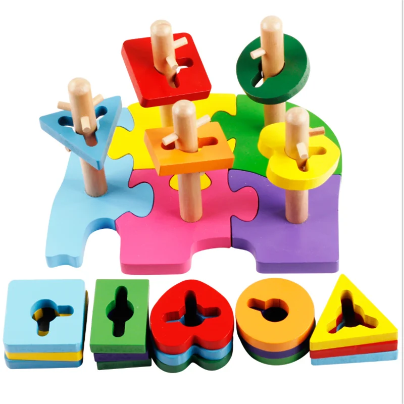 Baby Toys Column Set Geometric Building Blocks Wooden For Kids Carton Elephant Macaron Color Educational Gift | Игрушки и хобби