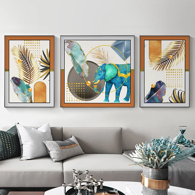 

Abstract Colorful Feathers Canvas Painting Nordic Animal Blue Elephant Posters and Prints Wall Art Picture for Living Room Decor
