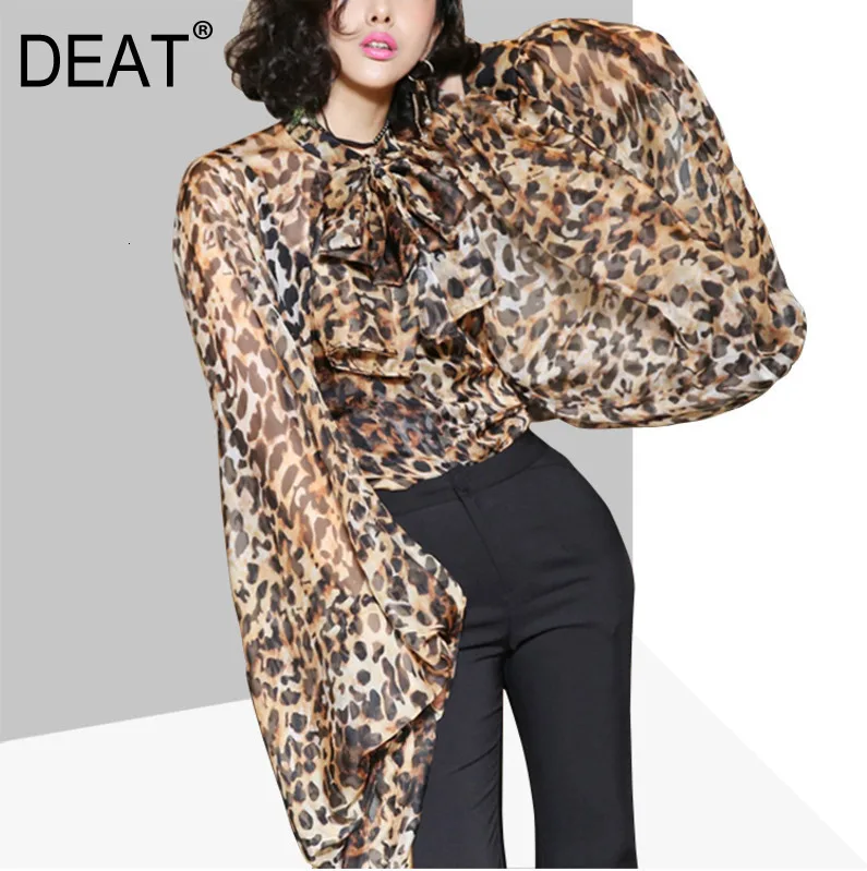 Женская шифоновая рубашка DEAT свободная блузка с рукавами-фонариками и бантом