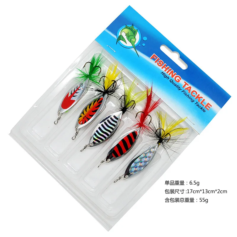 Fishing Lure Spinner Bait Rotation Sequins Metal Spoons Feather Jig Hook Artificial Lures Bass Culter 5 Pieces Set | Спорт и