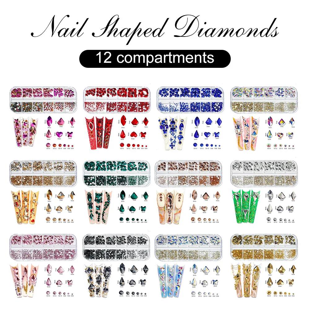 

Nail Art Rhinestones Crystals Nail Decoration Kit Multi-Shape Nail Stones DIY Decals for Home Nail Salon 3D Flat Gem Decorations