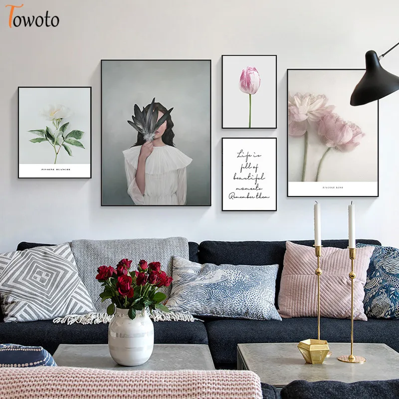 Розовый и цветочным рисунком Penoy для холст картины Nordic плакат 50x70 девушке