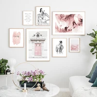 elegant pink peony flower woman body nude canvas painting wall art print picture figure line drawing love poster for home decor