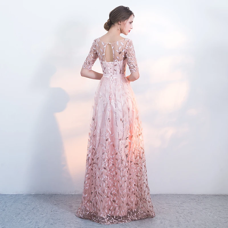 

Pink Prom Dreses With Half Sleeve Elegant O-neck A-line Floor-length Sexy Backless Long Evening Gown Sequin Leaves Lace Birthay