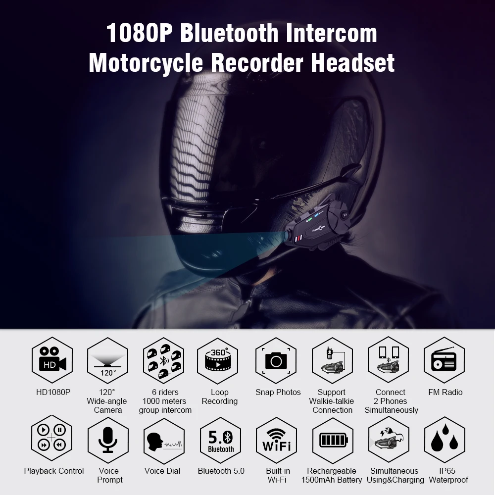 Мотогарнитура для шлема Freedconn R1 Plus 6 водителей Bluetooth 5.0 Wi-Fi 1080P | Автомобили и