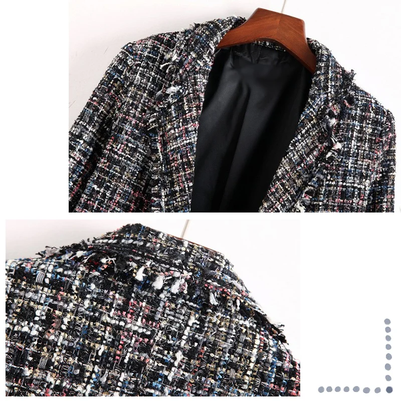 Women'sTweed Jacket One-Piece Suit Spring Autumn Lady Style Woolen Cloth Coat 2021 Fashion Plaid Pee Suit Long Jacket Casual Top