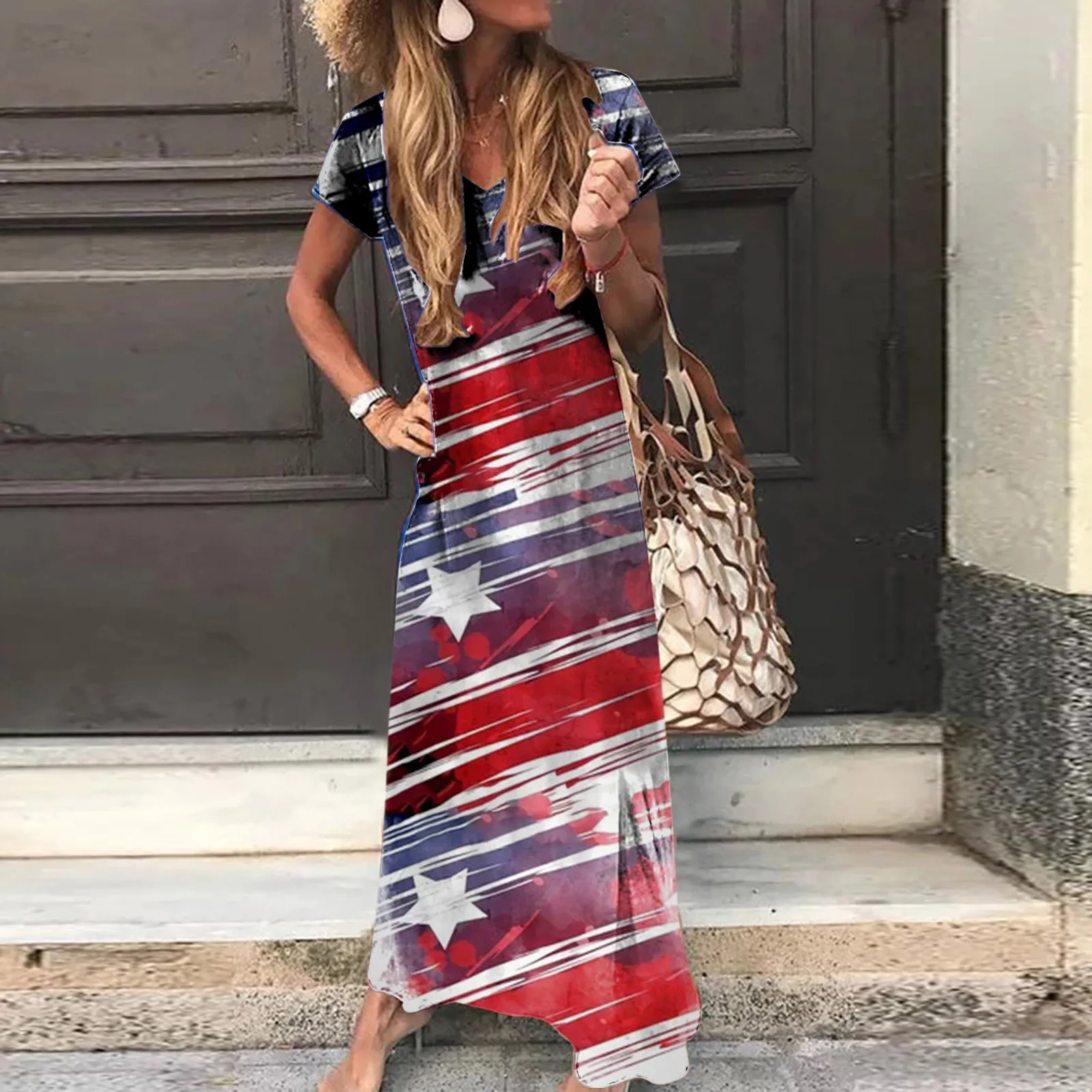 

Women Fashion O-Neck Independence Day Printing Short Sleeve Casual Long Dress long dress summer dress for women ropa mujer