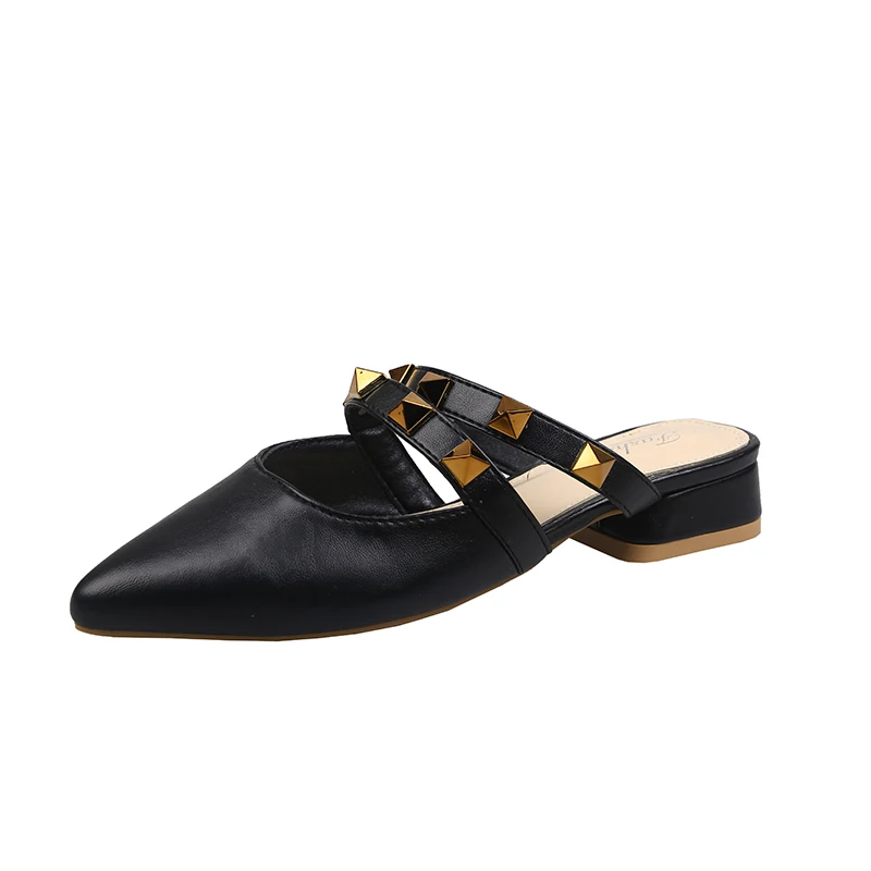 

Mules For Women 2021 Shoes Slippers Summer Cover Toe Luxury Slides Pantofle Square heel Rivet Low Designer New Soft Block