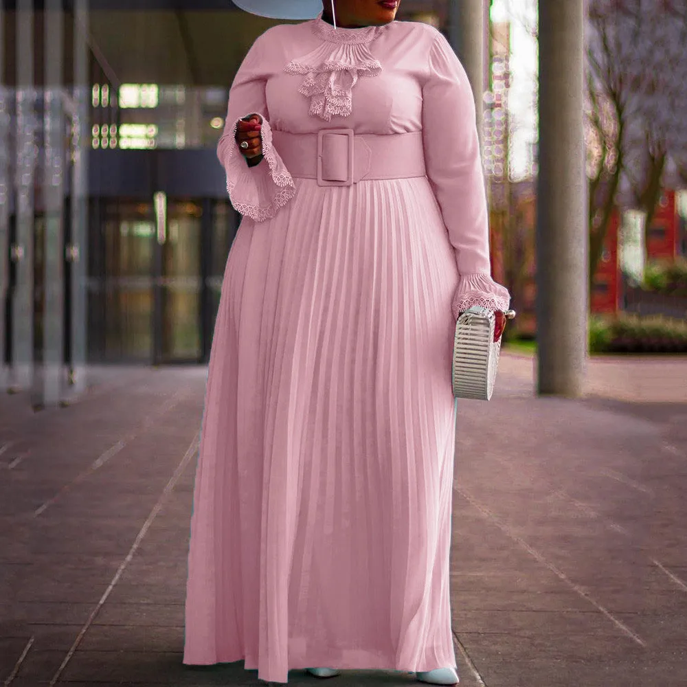 Women Pleated Maxi Vestido Plus Size Dresses Fashion Pink Long Sleeve Autumn 2019 Robe Vintage Elegant Evening Party Dress | Женская