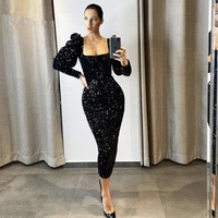 shining black sequins mermaid evening dress for women 2022 long sleeves square neck tea length formal party dress