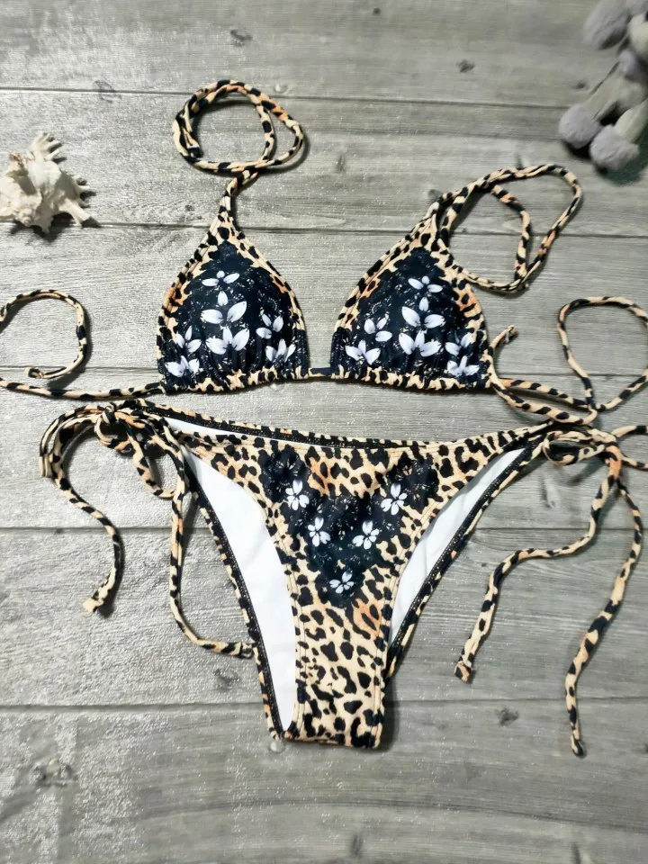 Женский купальник iTranyee комплект бикини цвета хаки пикантный с леопардовым и