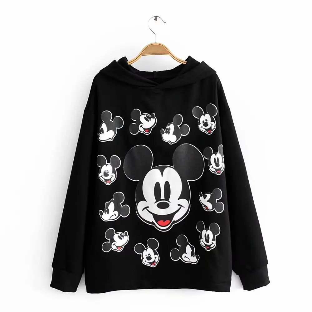 Disney Стильная черная футболка с принтом Микки Мауса, пуловер с капюшоном, модный Женский Повседневный Свободный Топ с длинным рукавом в стиле Харадзюку