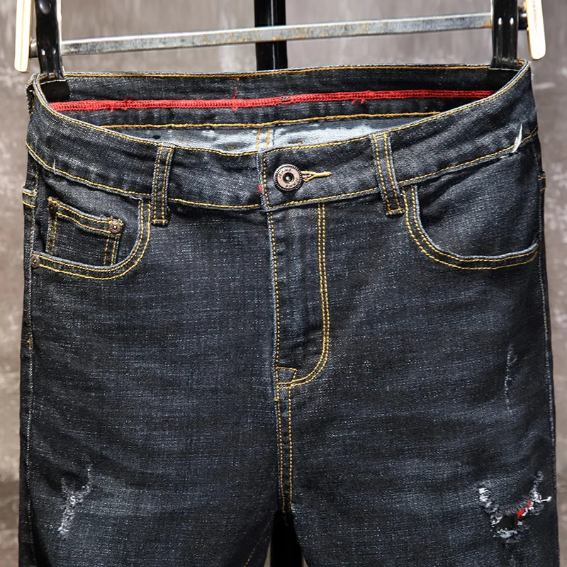 

New High-Quality Fashion Brand Korean Jeans Men's Self-Cultivation Small Feet Trend Hole Casual Stretch Long Pants